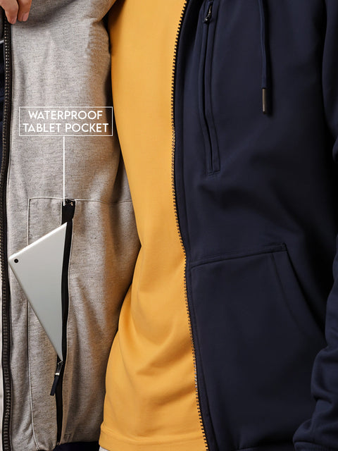 Adro Travel Hoodie for Men | Mens Multi Utility Zipper Hoodies| 320 GSM Soft Cotton |Men's Winter Sweatshirt | Waterproof Pockets Zip-Up Jacket with Hood Eye Shade