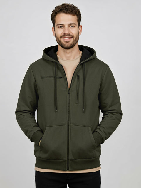 Adro Travel Hoodie for Men | Mens Multi Utility Zipper Hoodies| 320 GSM Soft Cotton |Men's Winter Sweatshirt | Waterproof Pockets Zip-Up Jacket with Hood Eye Shade