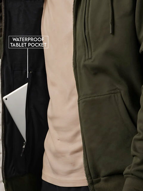 Adro Travel Hoodie for Men | Mens Multi Utility Zipper Hoodies| 320 GSM Soft Cotton |Men's Winter Sweatshirt | Waterproof Pockets Zip-Up Jacket with Hood Eye Shade