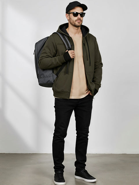 Adro Travel Hoodie for Men | Mens Multi Utility Zipper Hoodies| 320 GSM Soft Cotton |Men's Winter Sweatshirt | Waterproof Pockets Zip-Up Jacket with Hood Eye Shade