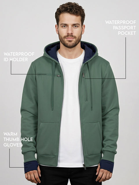Adro Travel Hoodie for Men | Mens Multi Utility Zipper Hoodies| 320 GSM Soft Cotton |Men's Winter Sweatshirt | Waterproof Pockets Zip-Up Jacket with Hood Eye Shade