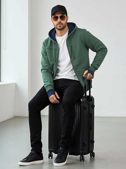 Adro Travel Hoodie for Men | Mens Multi Utility Zipper Hoodies| 320 GSM Soft Cotton |Men's Winter Sweatshirt | Waterproof Pockets Zip-Up Jacket with Hood Eye Shade