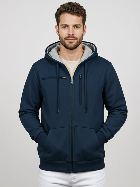 Adro Travel Hoodie for Men | Mens Multi Utility Zipper Hoodies| 320 GSM Soft Cotton |Men's Winter Sweatshirt | Waterproof Pockets Zip-Up Jacket with Hood Eye Shade