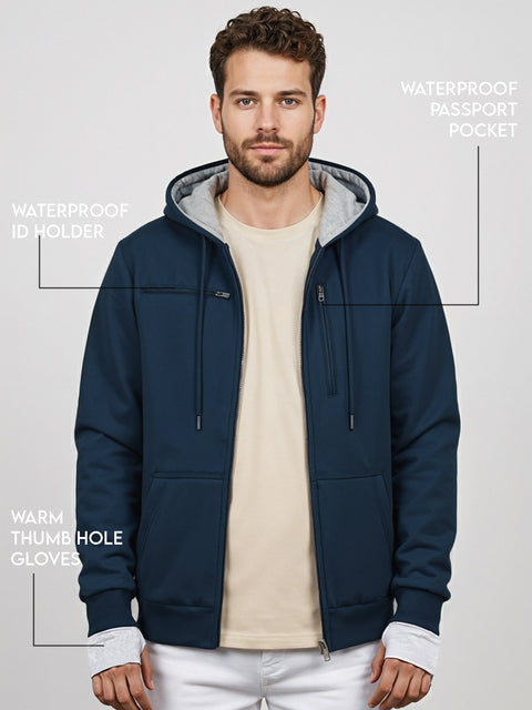Adro Travel Hoodie for Men | Mens Multi Utility Zipper Hoodies| 320 GSM Soft Cotton |Men's Winter Sweatshirt | Waterproof Pockets Zip-Up Jacket with Hood Eye Shade