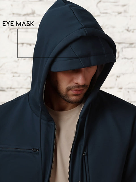 Adro Travel Hoodie for Men | Mens Multi Utility Zipper Hoodies| 320 GSM Soft Cotton |Men's Winter Sweatshirt | Waterproof Pockets Zip-Up Jacket with Hood Eye Shade