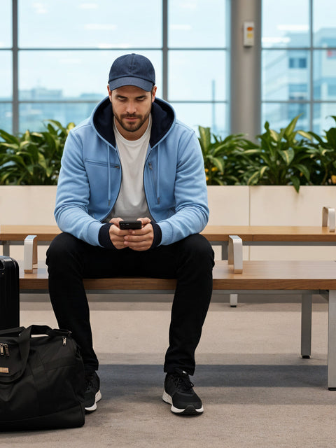 Adro Travel Hoodie for Men | Mens Multi Utility Zipper Hoodies| 320 GSM Soft Cotton |Men's Winter Sweatshirt | Waterproof Pockets Zip-Up Jacket with Hood Eye Shade