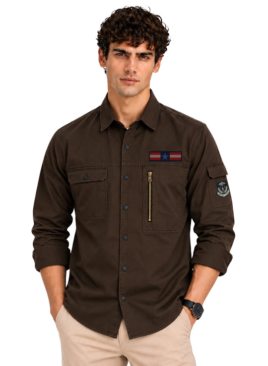 ADRO Men's Flag Patch Cargo Shirt | Full Sleeve Button Down Utility Cargo Shirt | Brown | Regular Fit | Multi Pocket Casual Streetwear