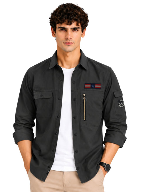 ADRO Men's Flag Patch Cargo Shirt | Full Sleeve Button Down Utility Cargo Shirt | Dark Grey | Regular Fit | Multi Pocket Casual Streetwear