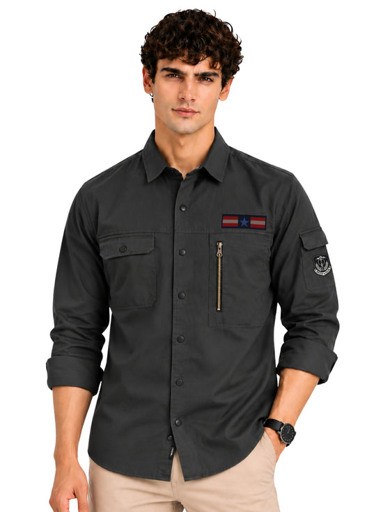 ADRO Men's Flag Patch Cargo Shirt | Full Sleeve Button Down Utility Cargo Shirt | Dark Grey | Regular Fit | Multi Pocket Casual Streetwear