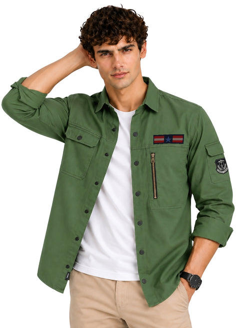 ADRO Men's Flag Patch Cargo Shirt | Full Sleeve Button Down Utility Cargo Shirt | Green | Regular Fit | Multi Pocket Casual Streetwear