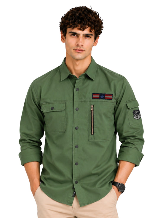 ADRO Men's Flag Patch Cargo Shirt | Full Sleeve Button Down Utility Cargo Shirt | Green | Regular Fit | Multi Pocket Casual Streetwear