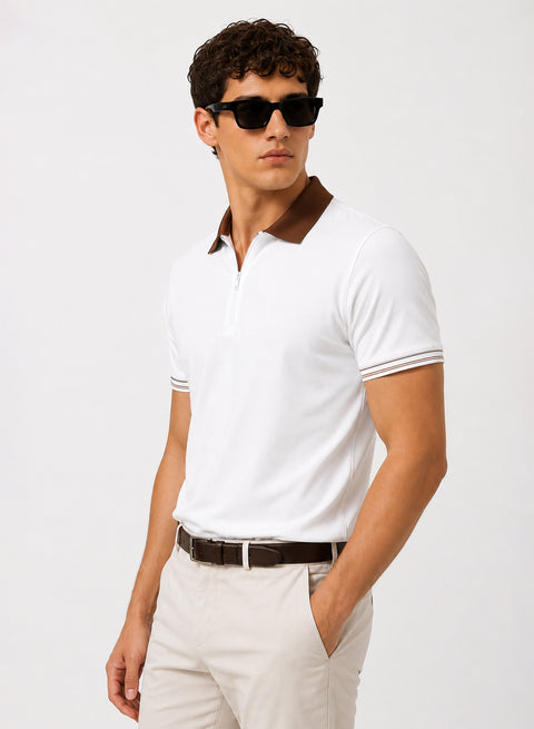 Mens Premium Cotton Polo T-Shirt | 220 GSM Soft Fabric | Casual stylish Look | Zipper Polo Design Polo T shirt | Polo Tshirt for All-Day Wear | Bright White