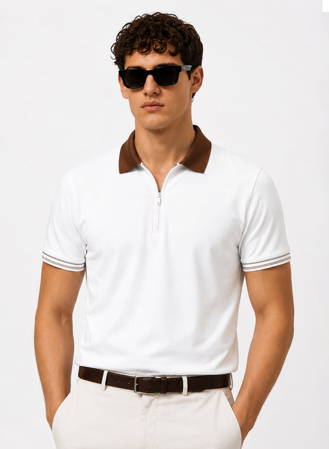 Mens Premium Cotton Polo T-Shirt | 220 GSM Soft Fabric | Casual stylish Look | Zipper Polo Design Polo T shirt | Polo Tshirt for All-Day Wear | Bright White
