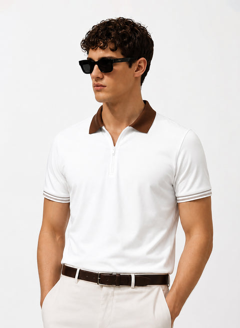 Mens Premium Cotton Polo T-Shirt | 220 GSM Soft Fabric | Casual stylish Look | Zipper Polo Design Polo T shirt | Polo Tshirt for All-Day Wear | Bright White