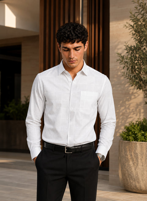 ADRO Men's Textured Windowpane Check Shirt - White