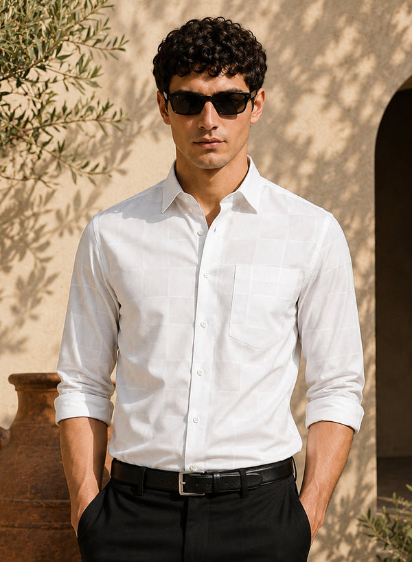 ADRO Men's Textured Windowpane Check Shirt - White