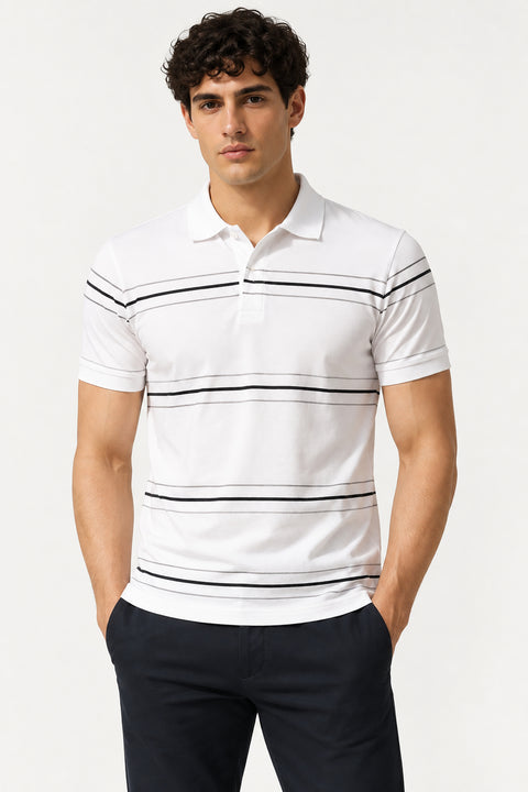 ADRO Men's Printed Stripe Polo T-Shirt | Regular Fit Half Sleeve | White