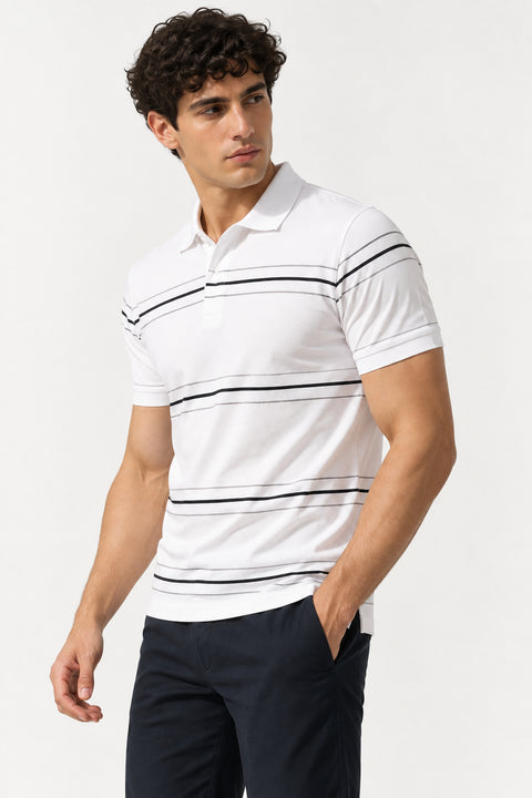 ADRO Men's Printed Stripe Polo T-Shirt | Regular Fit Half Sleeve | White