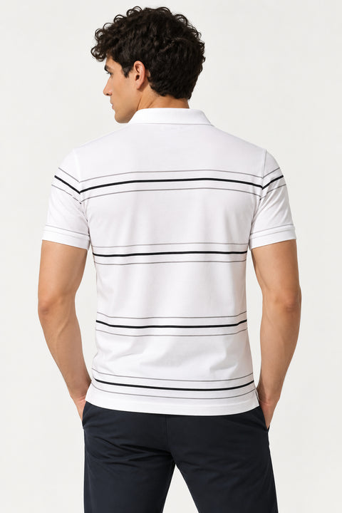 ADRO Men's Printed Stripe Polo T-Shirt | Regular Fit Half Sleeve | White