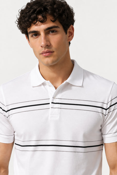 ADRO Men's Printed Stripe Polo T-Shirt | Regular Fit Half Sleeve | White