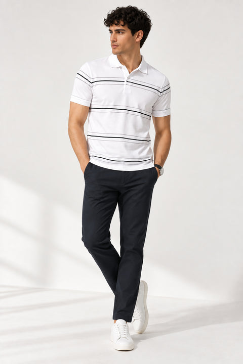 ADRO Men's Printed Stripe Polo T-Shirt | Regular Fit Half Sleeve | White