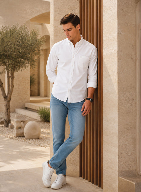 ADRO Men's Premium Oxford Cotton Shirt | Full Sleeve Casual Shirt | Regular Fit | White