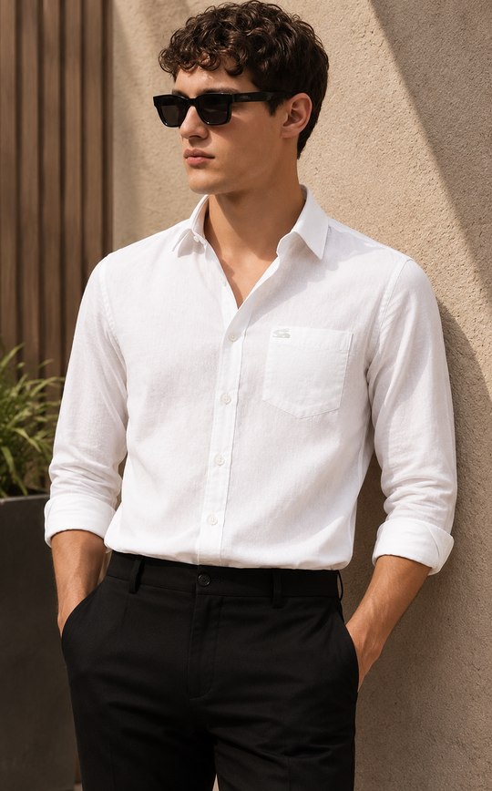 Men's White Cotton Linen Shirt | Textured Casual Shirt