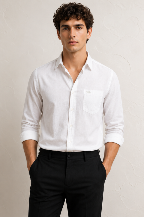 Men's White Cotton Linen Shirt | Textured Casual Shirt