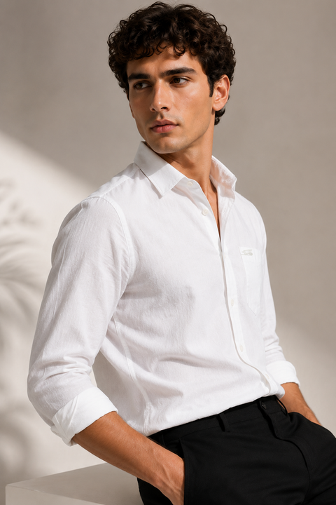 Men's White Cotton Linen Shirt | Textured Casual Shirt