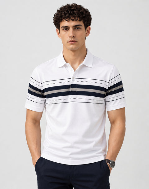 ADRO Men's Printed Stripe Polo T-Shirt | Regular Fit Half Sleeve | White