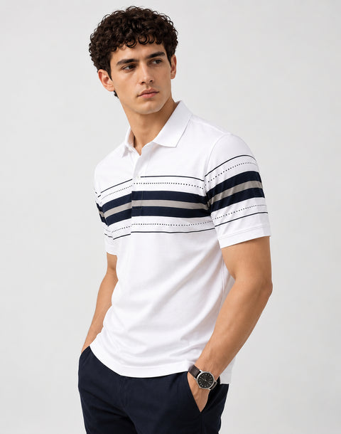 ADRO Men's Printed Stripe Polo T-Shirt | Regular Fit Half Sleeve | White