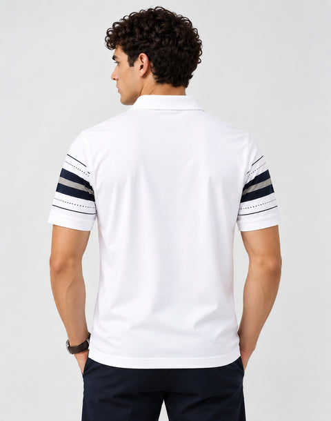 ADRO Men's Printed Stripe Polo T-Shirt | Regular Fit Half Sleeve | White