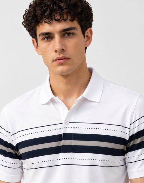 ADRO Men's Printed Stripe Polo T-Shirt | Regular Fit Half Sleeve | White