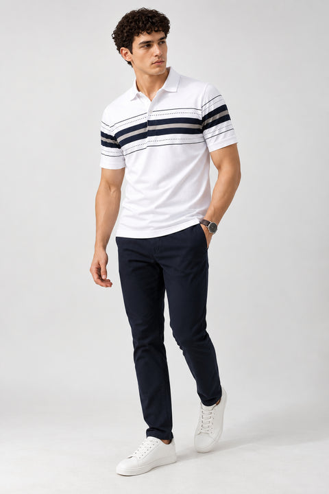 ADRO Men's Printed Stripe Polo T-Shirt | Regular Fit Half Sleeve | White