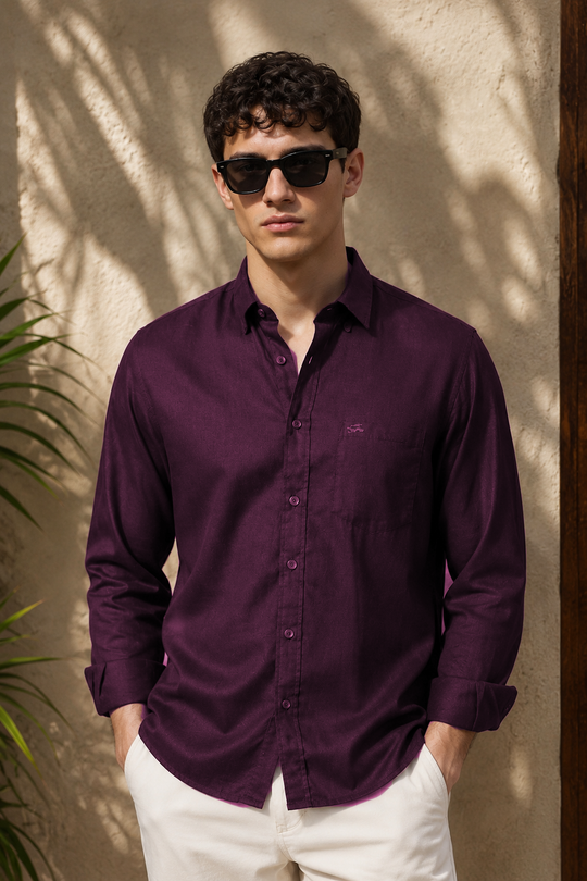Men's Wine Cotton Linen Shirt | Textured Casual Shirt