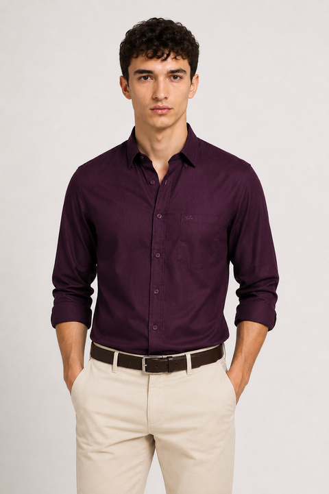 Men's Wine Cotton Linen Shirt | Textured Casual Shirt