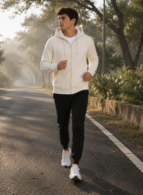 ADRO Zipper Hoodie for Men | 300 GSM Cotton Hoodies | Regular Fit Jacket for Men with Pockets | Sweatshirts with Zipper for Men | Ivory Sand