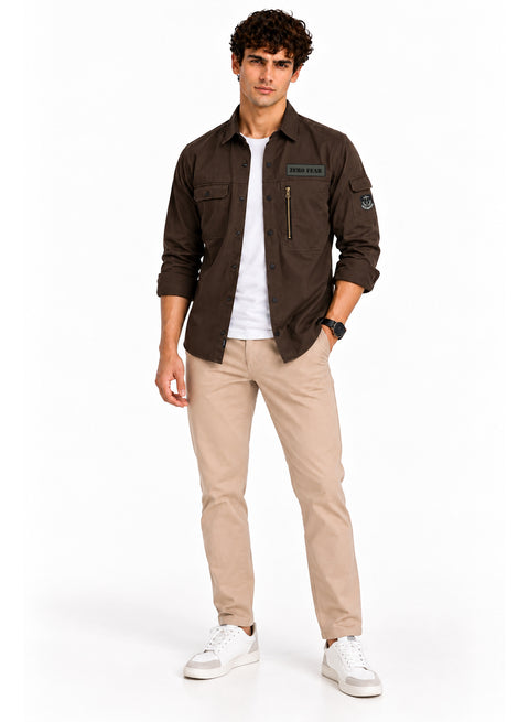 ADRO Men's Zero Fear Patch Cargo Shirt | Full Sleeve Button Down Utility Cargo Shirt | Brown | Regular Fit | Multi Pocket Casual Streetwear