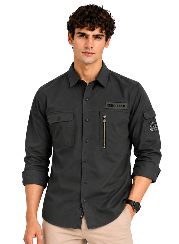 ADRO Men's Zero Fear Patch Cargo Shirt | Full Sleeve Button Down Utility Cargo Shirt | Dark Grey | Regular Fit | Multi Pocket Casual Streetwear
