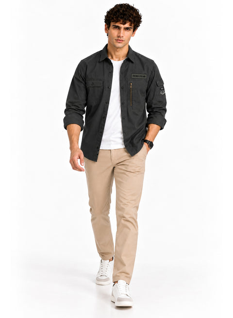 ADRO Men's Zero Fear Patch Cargo Shirt | Full Sleeve Button Down Utility Cargo Shirt | Dark Grey | Regular Fit | Multi Pocket Casual Streetwear