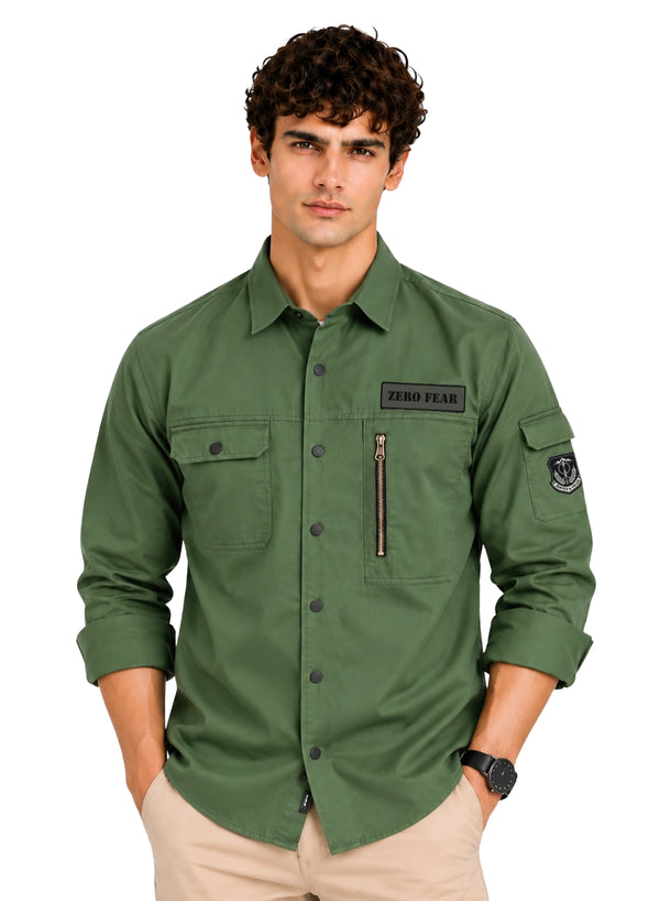 ADRO Men's Zero Fear Patch Cargo Shirt | Full Sleeve Button Down Utility Cargo Shirt | Green | Regular Fit | Multi Pocket Casual Streetwear
