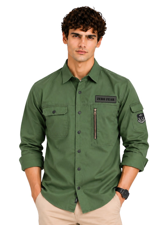 ADRO Men's Zero Fear Patch Cargo Shirt | Full Sleeve Button Down Utility Cargo Shirt | Green | Regular Fit | Multi Pocket Casual Streetwear