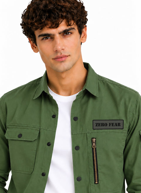 ADRO Men's Zero Fear Patch Cargo Shirt | Full Sleeve Button Down Utility Cargo Shirt | Green | Regular Fit | Multi Pocket Casual Streetwear