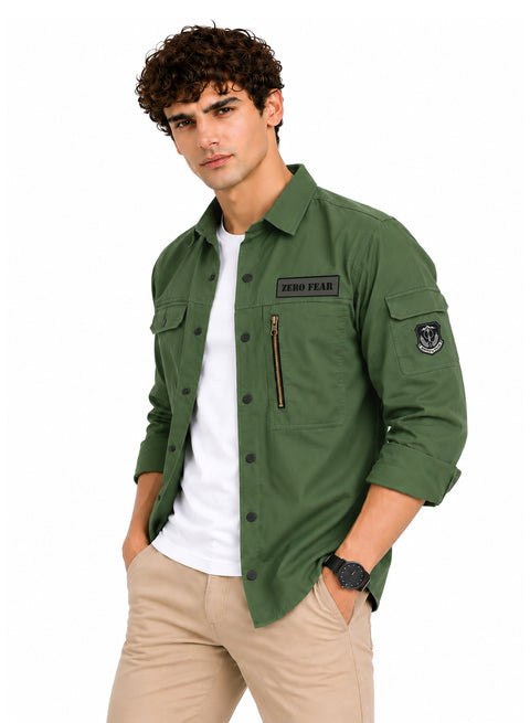 ADRO Men's Zero Fear Patch Cargo Shirt | Full Sleeve Button Down Utility Cargo Shirt | Green | Regular Fit | Multi Pocket Casual Streetwear