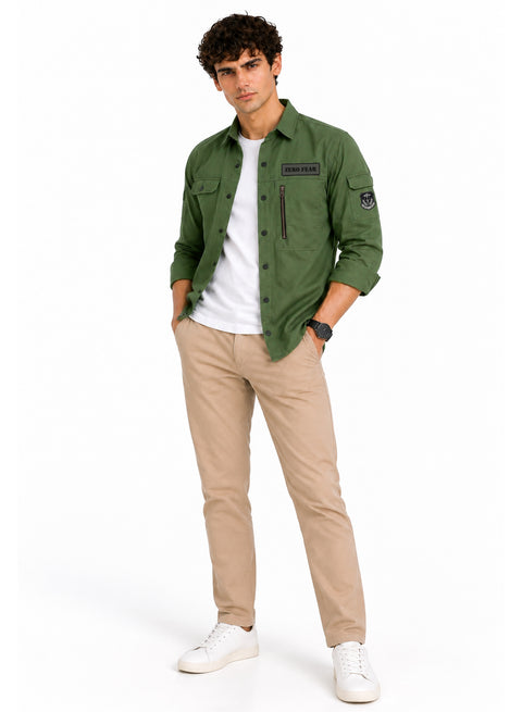ADRO Men's Zero Fear Patch Cargo Shirt | Full Sleeve Button Down Utility Cargo Shirt | Green | Regular Fit | Multi Pocket Casual Streetwear