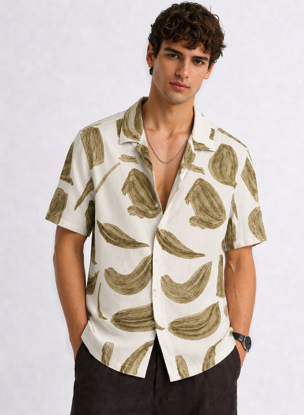 Adro Men’s Relaxed Fit Cuban Collar Cotton Linen Olive Stroke Printed Shirt – Off White Olive