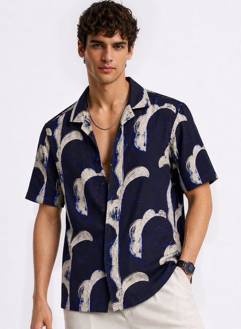 Adro Midnight Arc Relaxed Fit Cuban Collar Cotton Nylon Printed Shirt