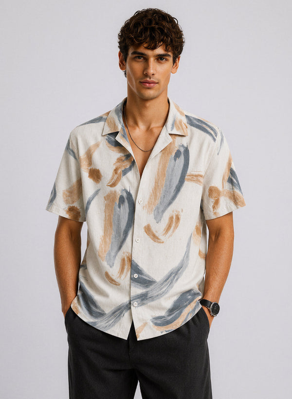 Adro Sand Drift Relaxed Fit Cuban Collar Cotton Linen Abstract Print Shirt for Men