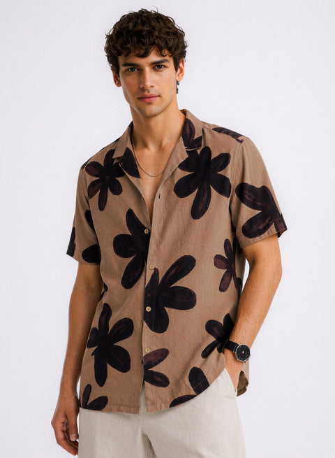 Adro Mocha Bloom Relaxed Fit Cuban Collar Cotton Nylon Floral Print Shirt
