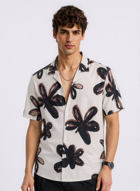 Adro Noir Bloom Relaxed Fit Cuban Collar Floral Printed Cotton Nylon Shirt